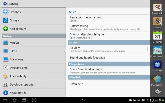 Settings, S Pen