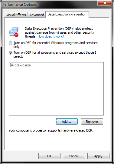 DEP, exception added